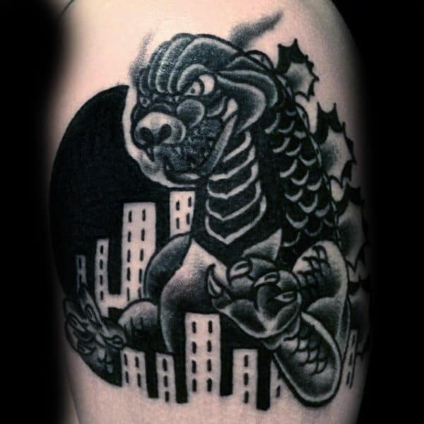 Black Tattoo Stylish Of Godzilla In City On Man