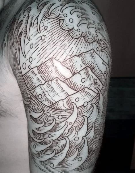 Black Thin Line Work Tattoo Of Water On Mans Upper Arm