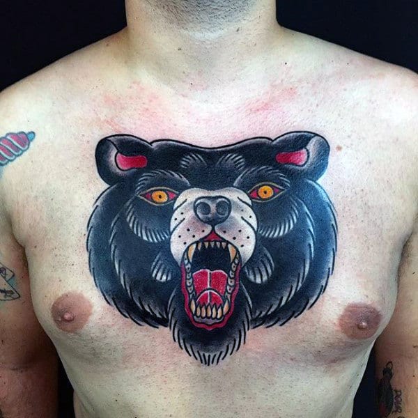 black-traditional-bear-mens-upper-chest-tattoo-designs