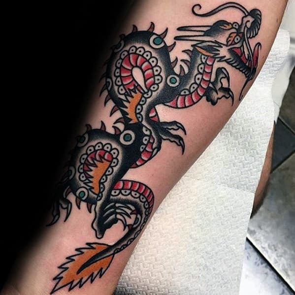 Black Traditional Dragon Male Forearm Tattoos