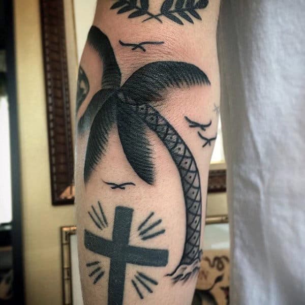 Black Tribal Palm Tree Design For Men On Arms