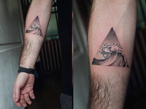 Black Turbulent Sea In Triangle Tattoo On Arms For Men