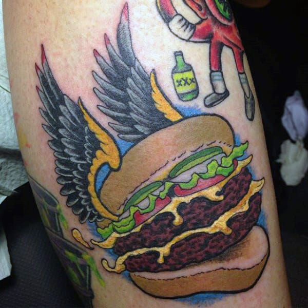 Black Winged Burger Food Tattoo Male Forearms