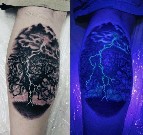 Blacklight Uv Ink Thunderstorm Male Tattoo Leg Calf Designs