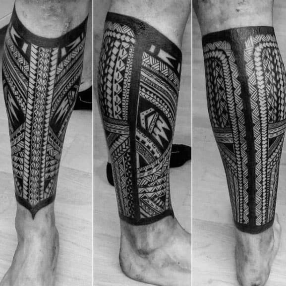 Blackwok With Pattern Polynesian Tribal Leg Tattoos For Guys