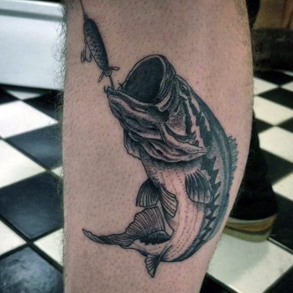 Blackwork Black And White Bass Fishing Tattoo For Males