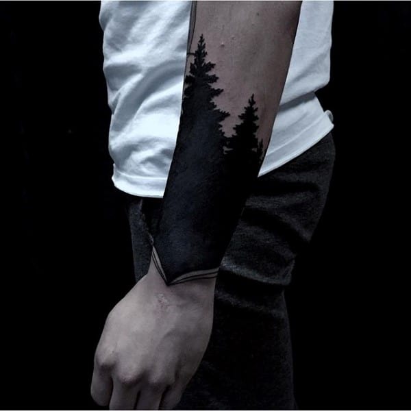 Blackwork Forearm Tree Tattoo For Guys Starting At Wrist