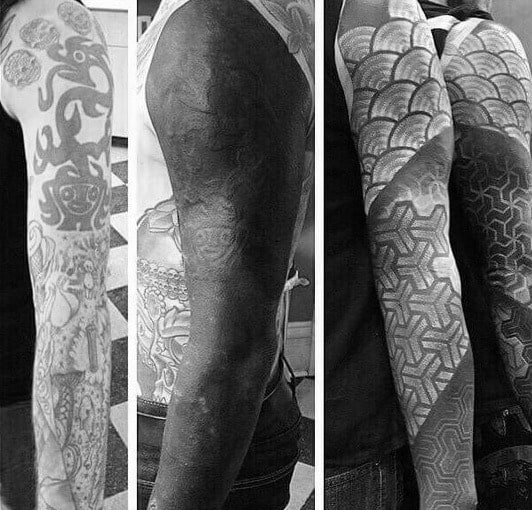 Blackwork Geometric Sleeve Tattoo Cover Up Ideas For Guys