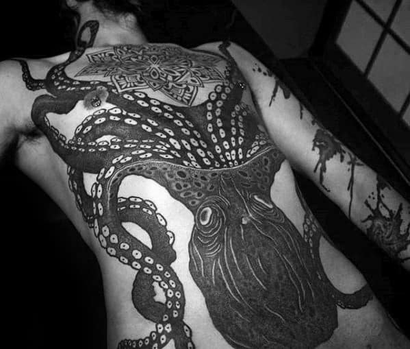 Blackwork Giant Octopus Guys Full Chest Tattoo Ideas