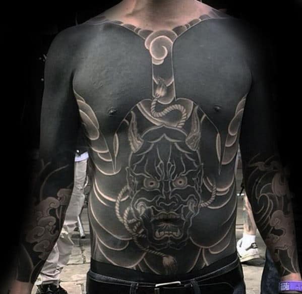 Blackwork Guys Demon Mask Japanese Mens Chest Tattoos