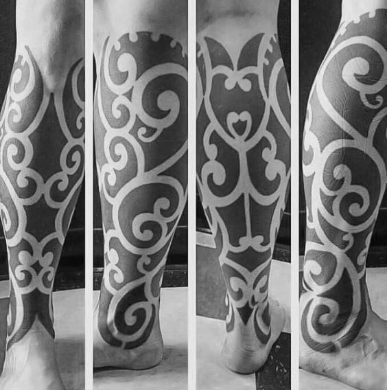 Blackwork Guys Negative Space Tribal Leg Tattoo Designs