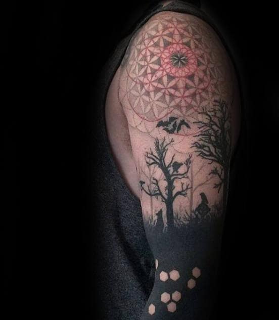 Blackwork Male Flower Of Life Arm Tattoo Inspiration