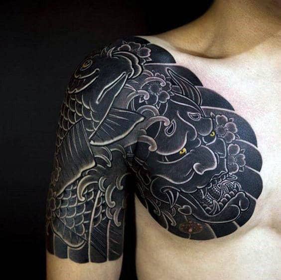Blackwork Mens Koi Fish Demon Mask Japanese Half Sleeve Tattoos