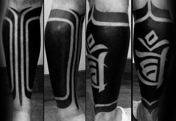 Blackwork Negative Space Leg Sleeve Artistic Male Sanskrit Tattoo Ideas