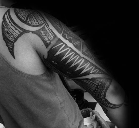 Blackwork Polynesian Male Tribal Arm Tattoos