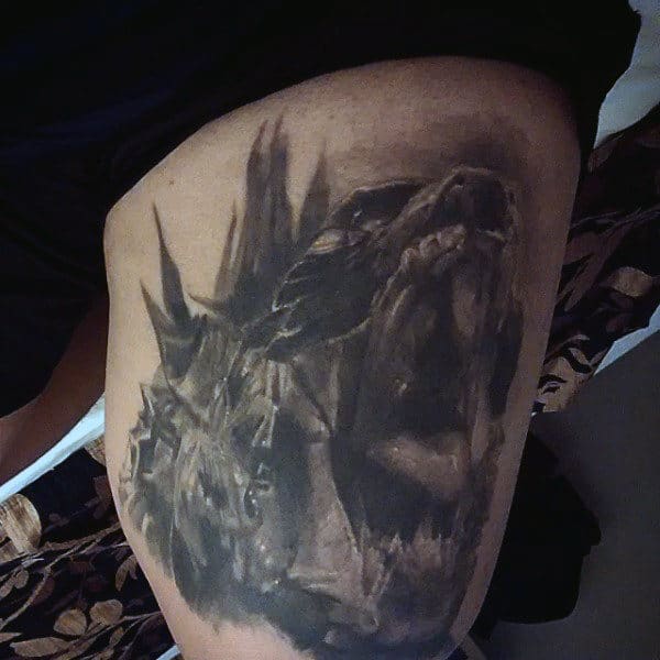 Blackwork Shaded Dark Godzilla Tattoo For Guys