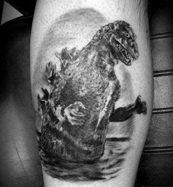 Blackwork Shaded Tattoo Of Godzilla In Water On Male