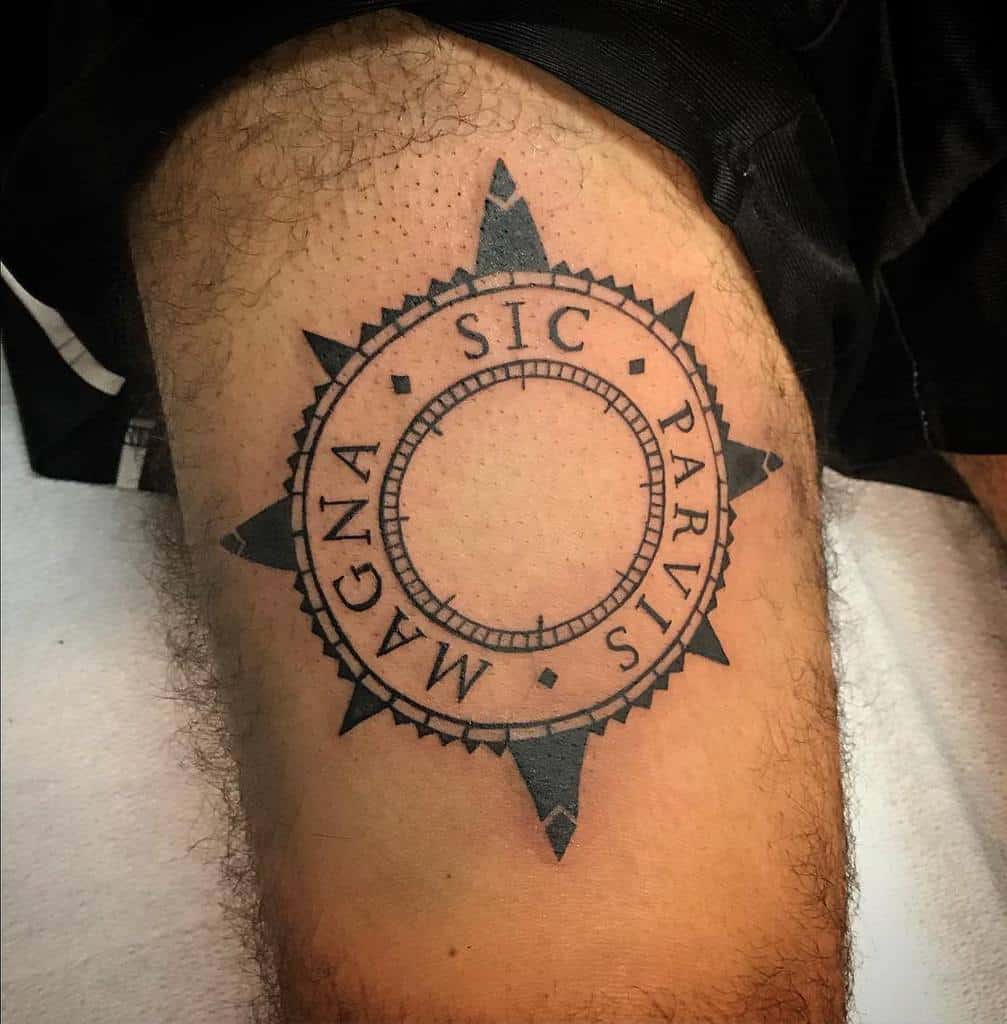 First tattoo, “Sic Parvis Magna” abstract compass. Dates are my grandpa's  birthday and death, artwork by “The Skin Canvas” at Fait Maison in NJ : r/ tattoo