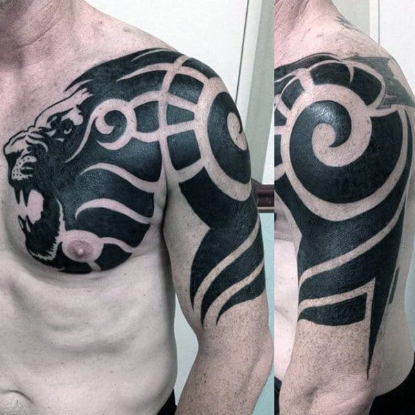 Blackwork Tribal Lion Mens Half Sleeve And Chest Tattoo