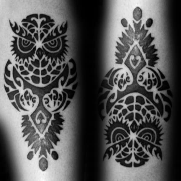 Blackwork Tribal Owl Forearm Tattoo Design Ideas For Men