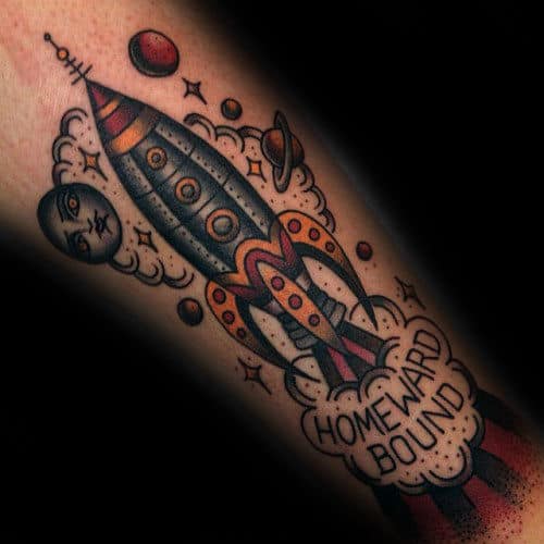 Blast Off Homeward Bound Rocket Ship Guys Leg Tattoo