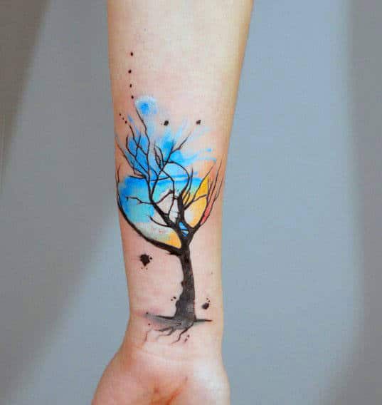 Blazing Blue Watercolor Tree Tattoo Male Forearms