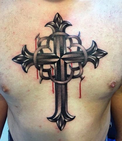 Bleeding 3d Cross Chest Tattoo Design Ideas For Men