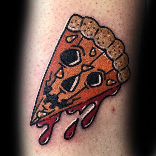 Bleeding Pizza Slice Shaped Halloween Pumpkin Tattoo Male Forearms