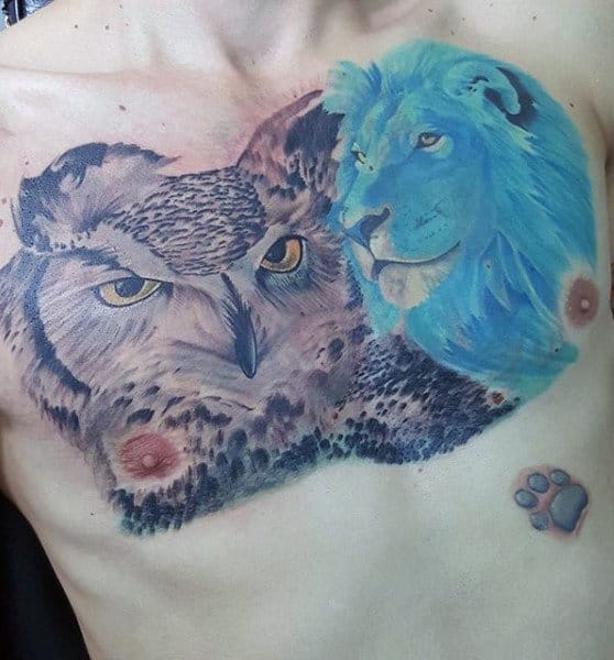 Blended Owl With Lion Chest Tattoo On Man