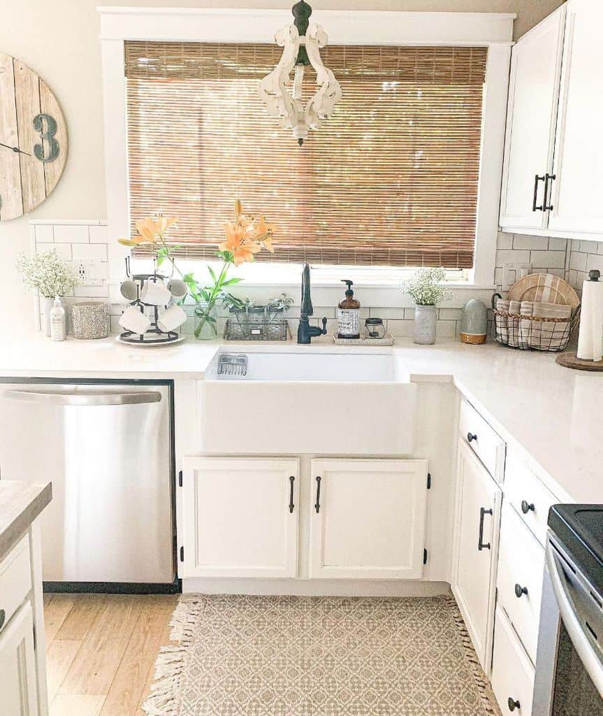 white cabinet kitchen apron sink cane blinds 