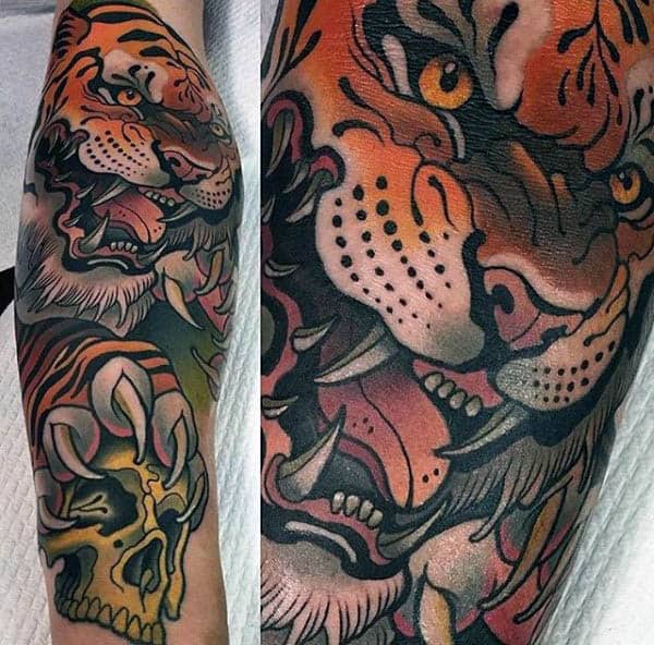 Blood Thirsty Tiger And Skull Neo Traditional Tattoo Male Forearms