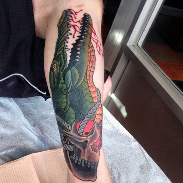 Bloody Alligator Tattoo On Leg For Gentlemen
