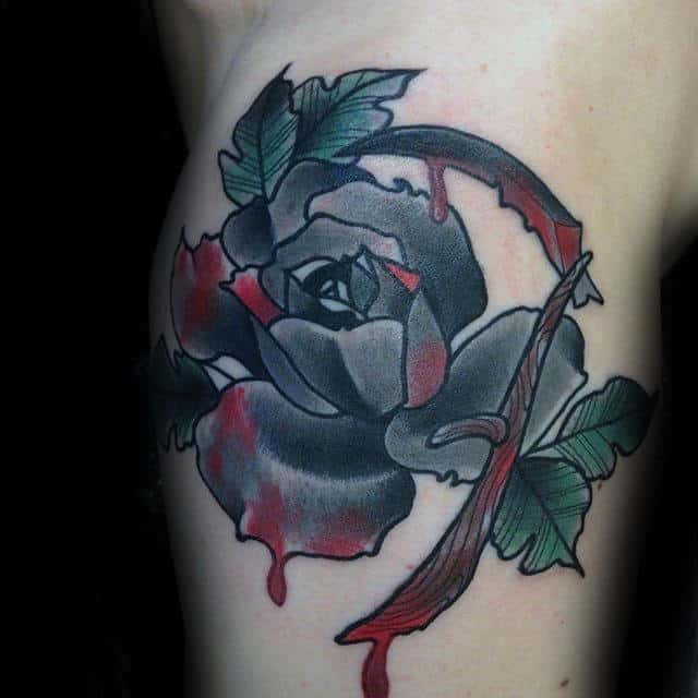 Bloody Black Rose Male Bicep Tattoo