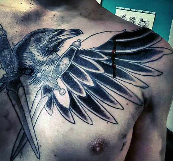 Bloody Raven With Crossed Knives Tattoo On Chest For Guys