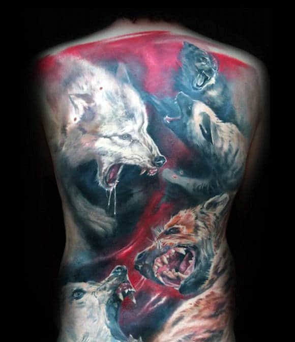 Bloody Watercolor Male Agressive Full Wolves Back Tattoo