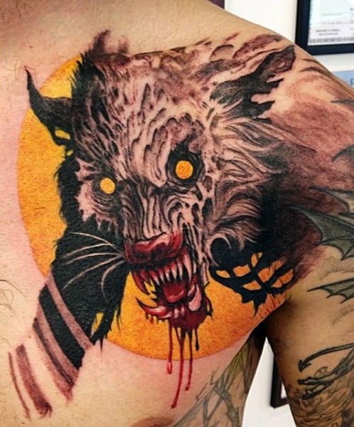 Bloody Wolf And Bright Sun Tattoo Guys Chest