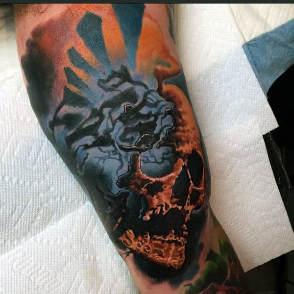 Blue 3d Skull Inner Arm Guys Tattoos