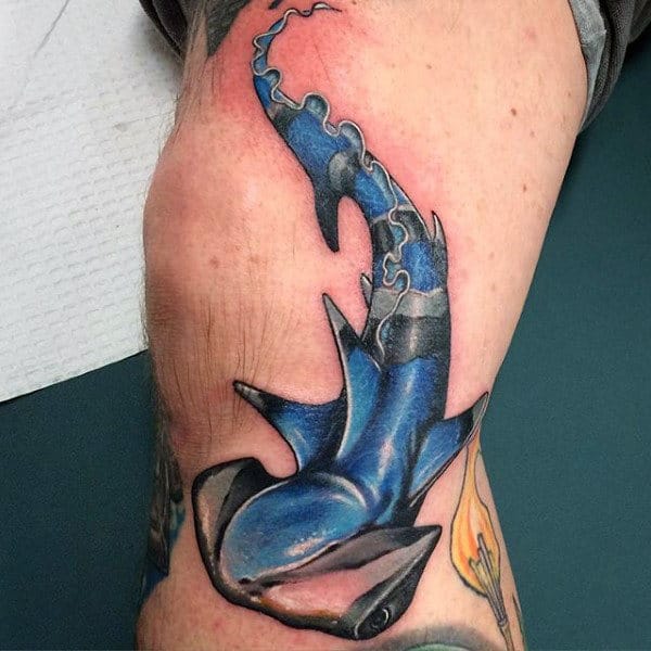 Blue And Black Ink Hammerhead Shark Leg Male Tattoo Ideas