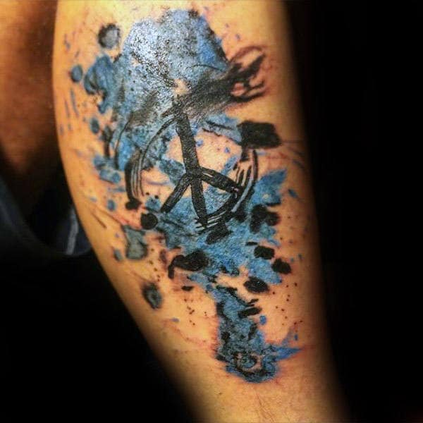 Blue And Black Ink Peace Sign Watercolor Mens Leg Tattoos