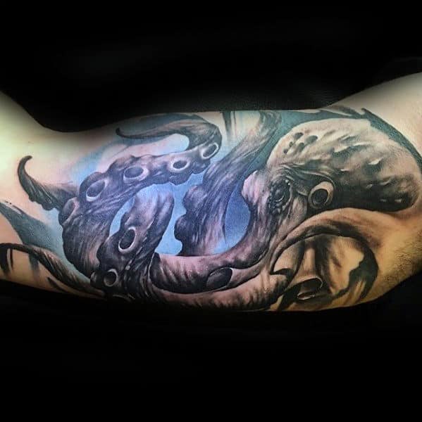 Blue And Grey Octopus Water Male Inner Arm Tattoos