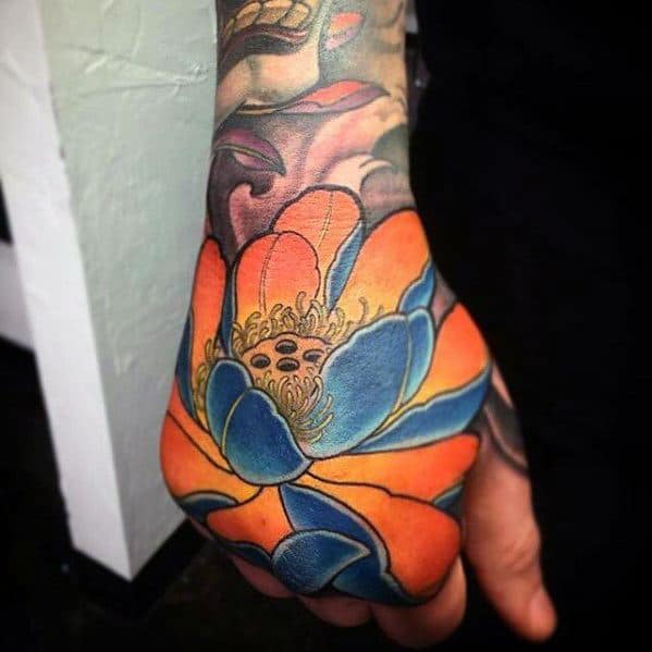 Blue And Orange Flower Guys Unique Hand Tattoo Ideas