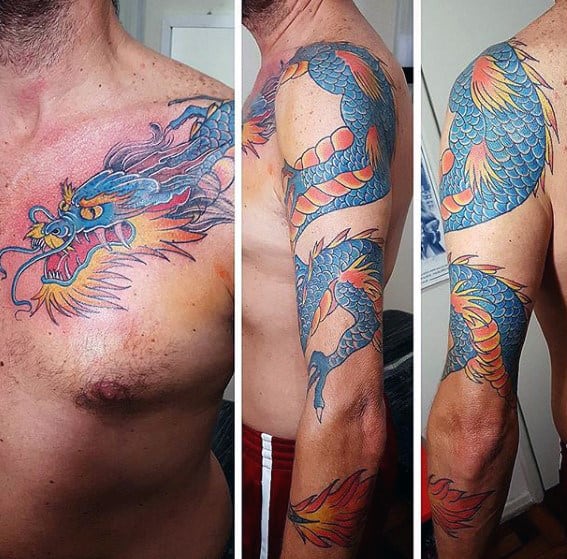 Blue And Orange Guys Dragon Arm Tattoos