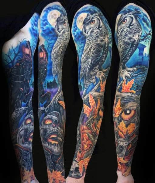 Blue And Orange Ink Owl Night Sky Themed Full Arm Sleeve Tattoos For Men