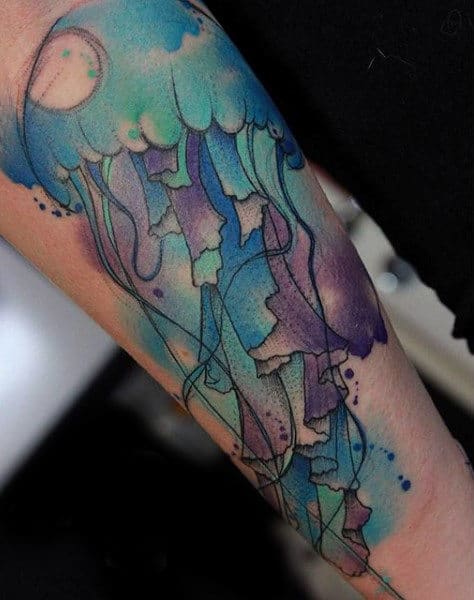 Blue And Purple Shaded Jellyfish Tattoo Guys Forearms