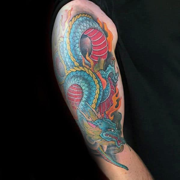 Blue And Red Dragon With Flames Mens Arm Tattoo