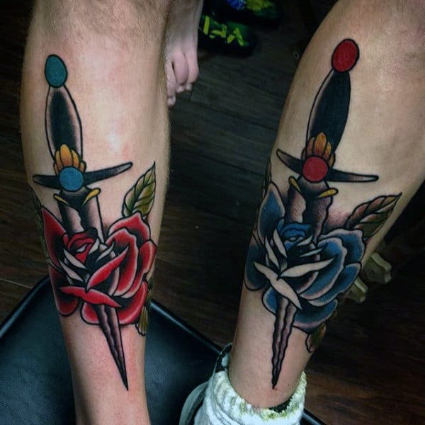 blue and red rose flower with dagger identical brother tattoos for guys