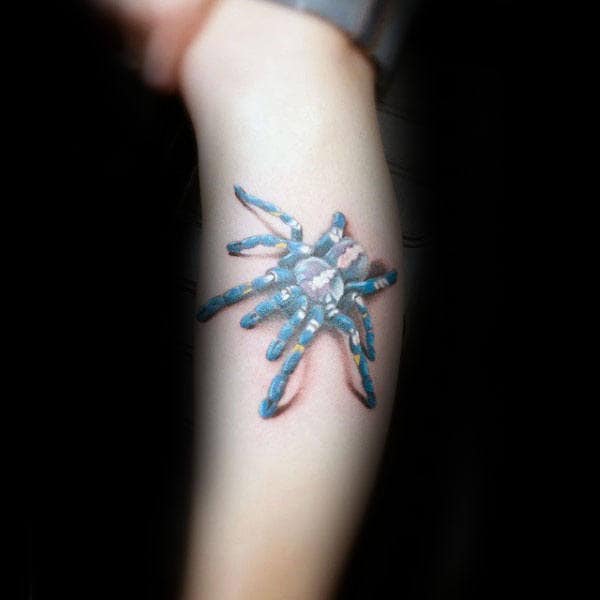 Blue And White Ink Tarantula Forearm Spider Tattoo On Gentleman