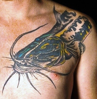 Blue And Yellow Catfish Male Chest And Shoulder Tattoo