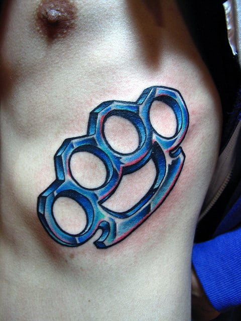 Blue Brass Knuckles Metallic Mens 3d Rib Cage Side Tattoo