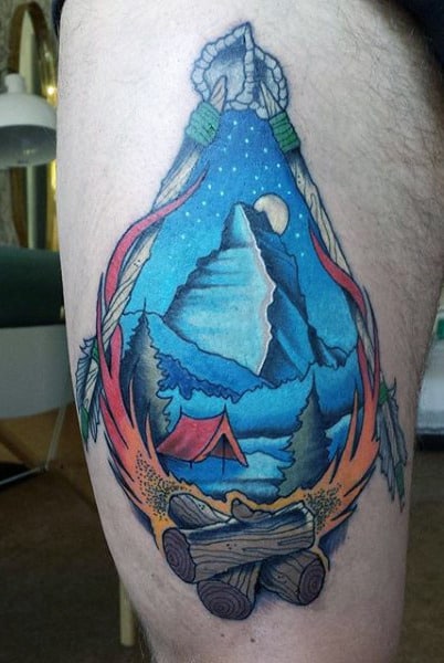 Blue Campfire Mountain Nature Tattoos For Men On Thigh